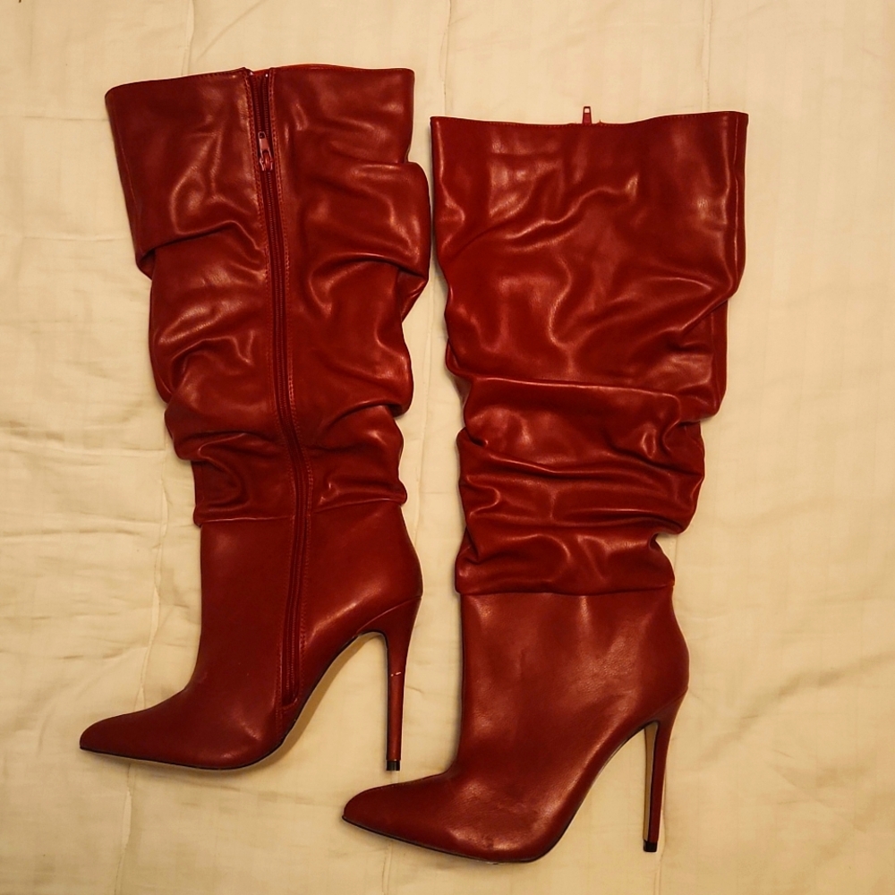 High Heeled Red Knee High Boots